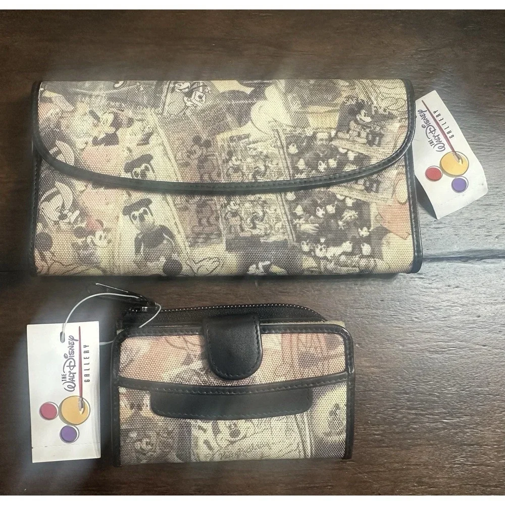 Vintage Walt Disney Gallery Mickey Mouse Collage Wallet & Key Case Retro Set NWT
